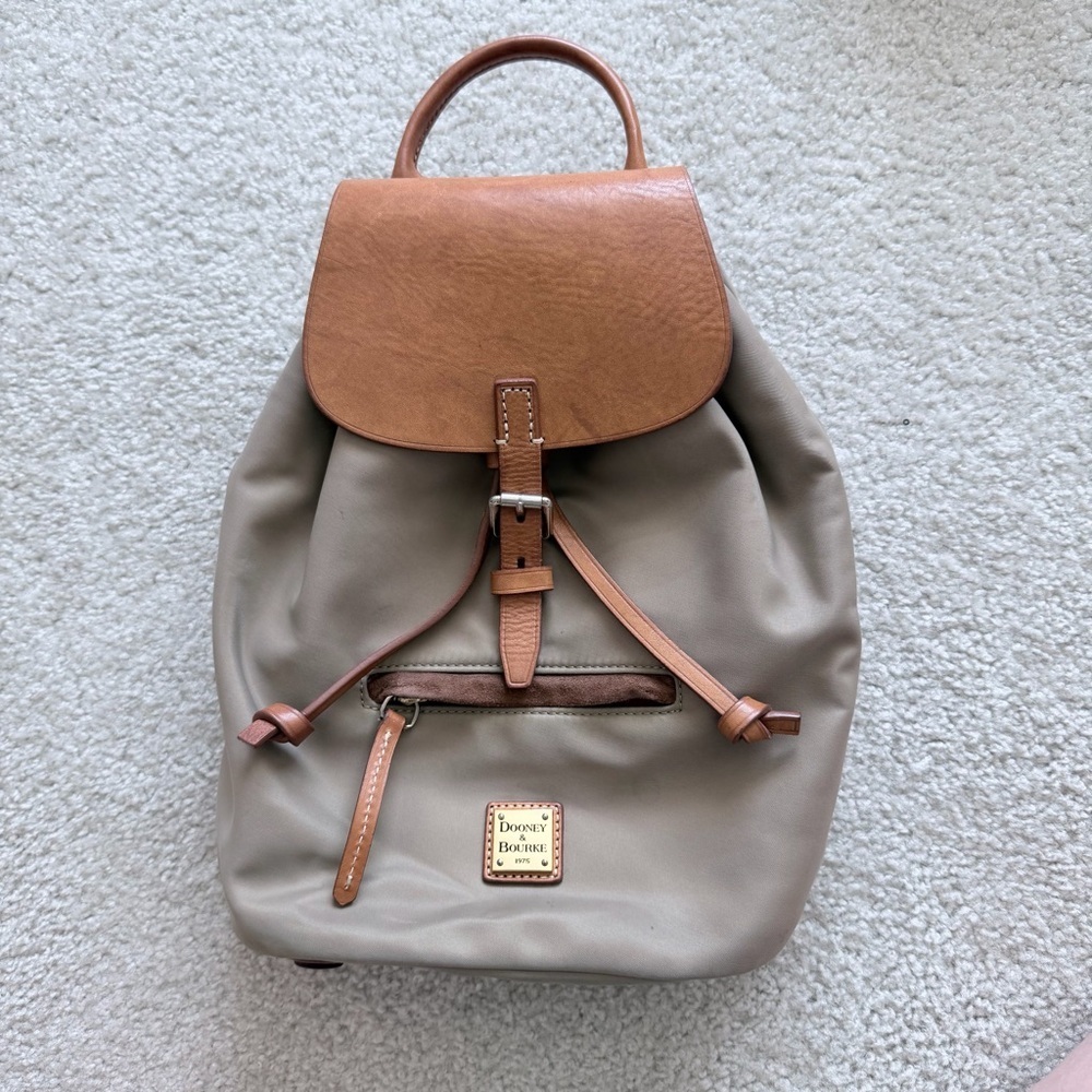 Dooney And Bourke Allie Nylon Beige Brown Leather Backpack Authentic